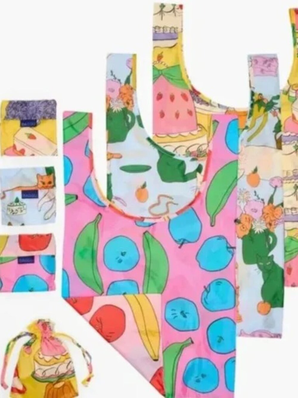 BAGGU Set of 3 Standard Size Reusable Grocery Bags Still Life Cat Fruit Cake NEW - Picture 2 of 10